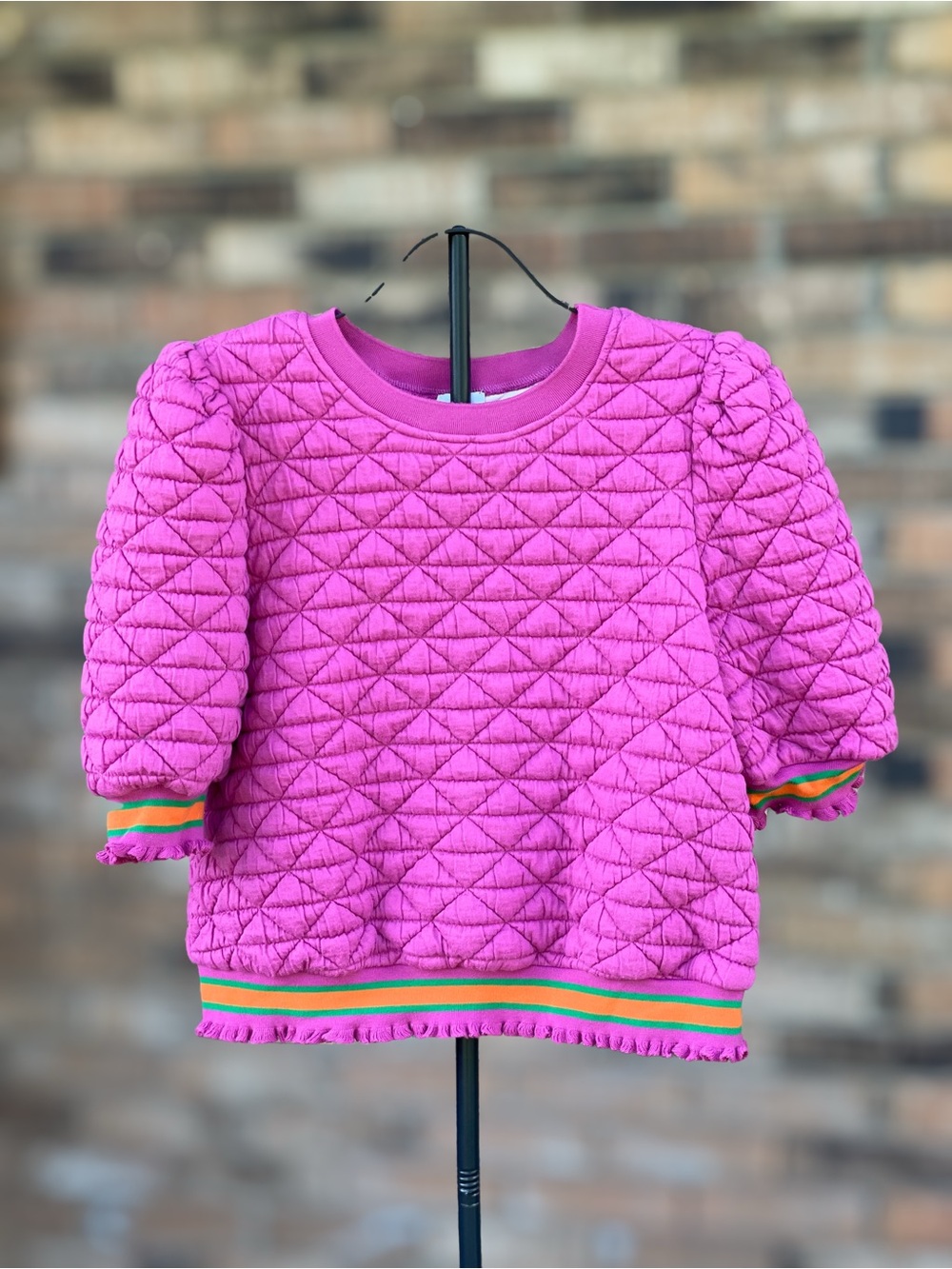 Voy Large Hot Pink Quilted Puff Sleeve Top Colorblock Fringe Trim
